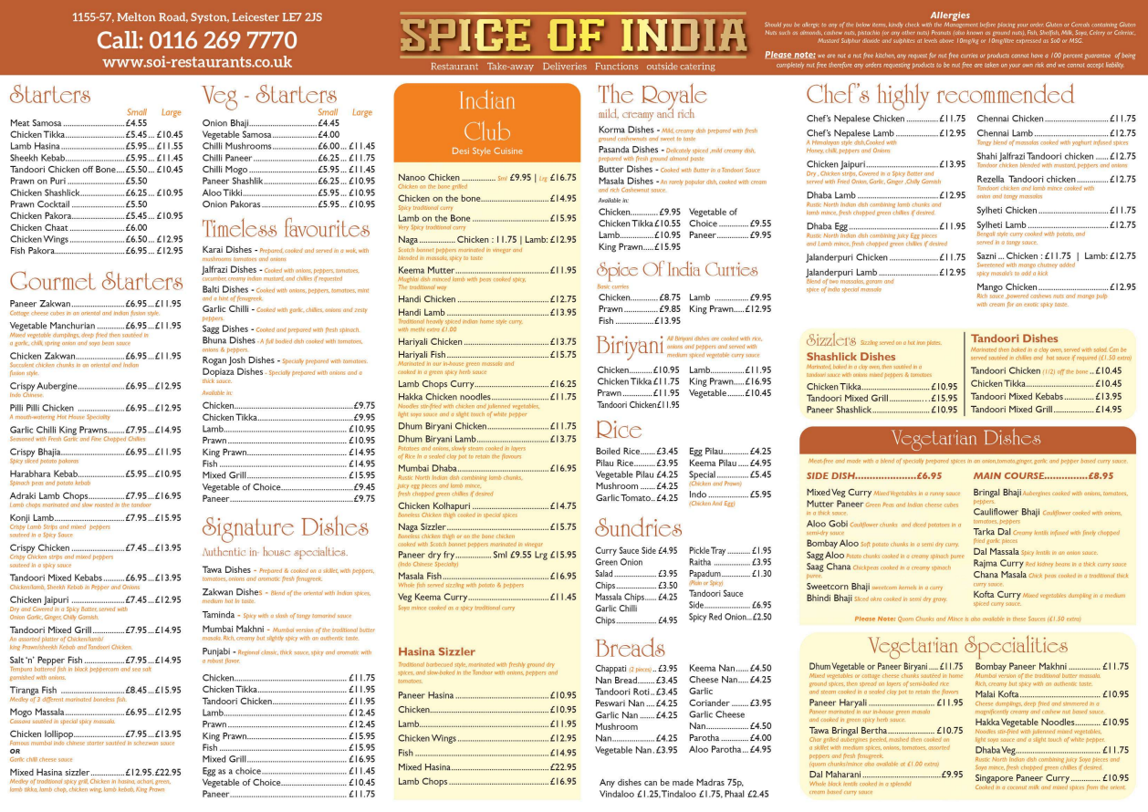 Spice of India Syston Full Menu